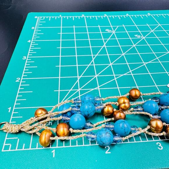 Multi Strand Bracelet Brown Fresh-Water Pearls & Turquoise Sterling Silver Clasp - Picture 7 of 8